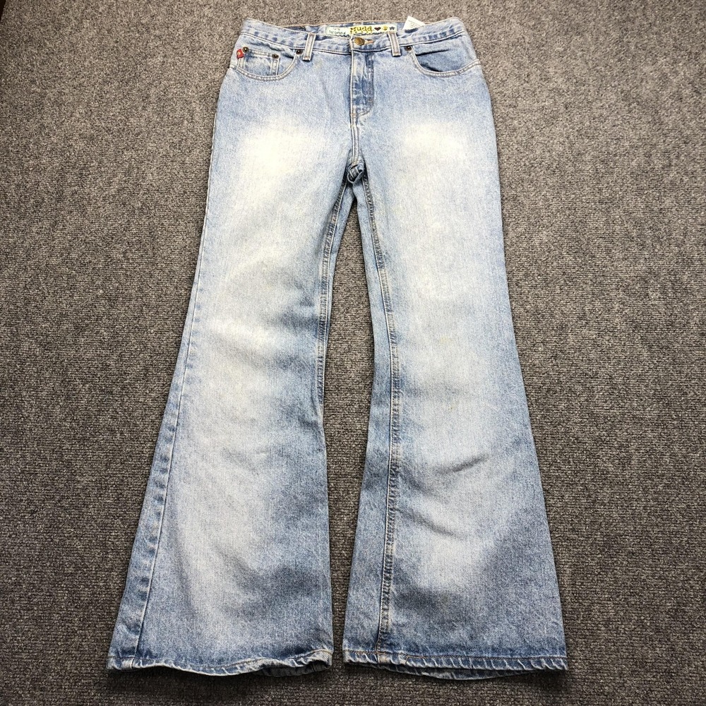 Mudd Jeans Juniors 16 33x27.5 Blue Light Wash Flare Embroidered Denim Y2K